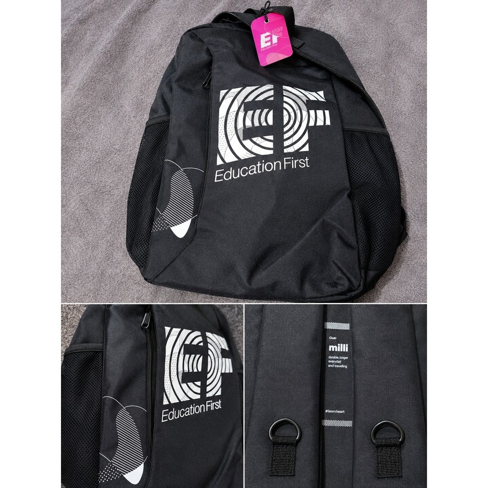EF Education First Recycled Polyester Backpack Black White Logo Travel Bag NWT